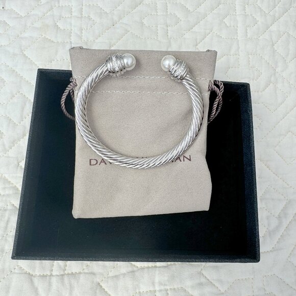 David Yurman Cable Classics Pearls and Diamonds 7mm Cable Cuff Bracelet - Picture 1 of 6